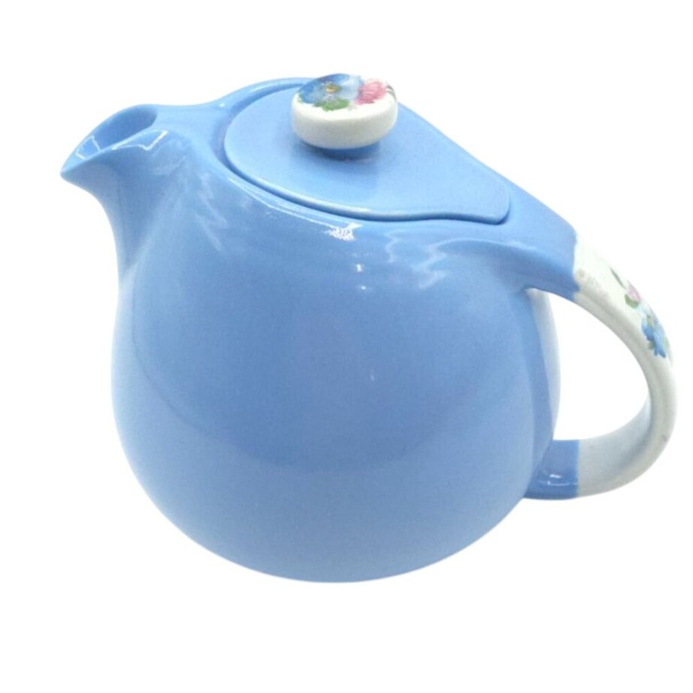 Halls Superior Blue Ceramic Teapot With Floral Handle & Lid Rose Parade 1259 Vin